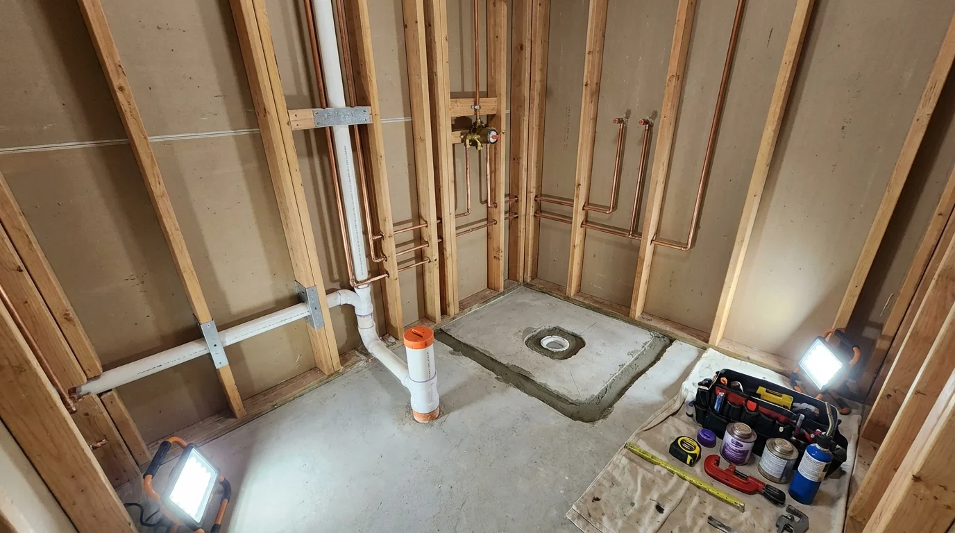 Bathroom rough-in plumbing during remodel by Johns Plumbing LLC in Botkins