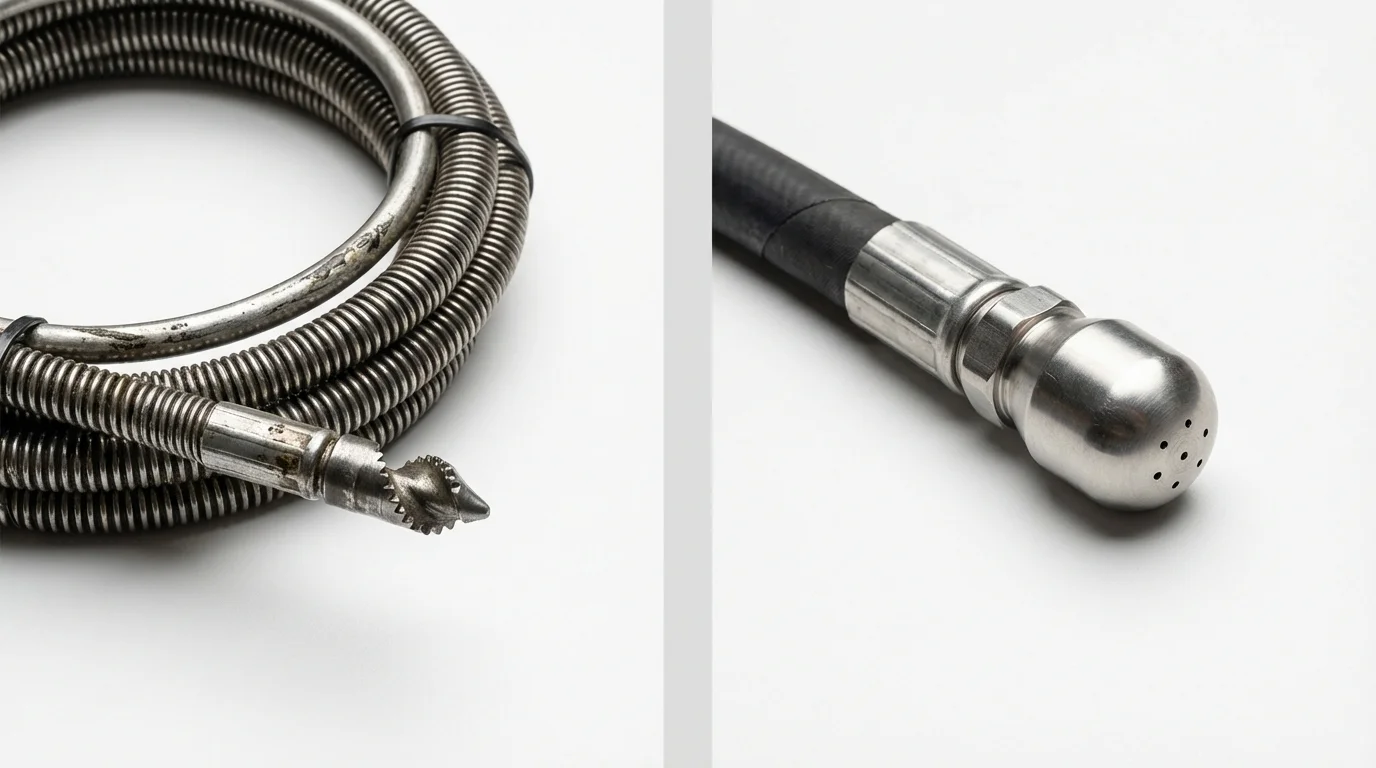 Drain snake cable and hydro jetting nozzle used for drain cleaning in Botkins, OH