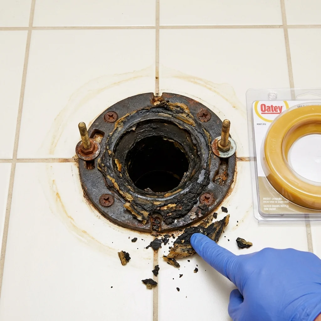 Failed wax ring showing water seepage at the base of a toilet in a Botkins, OH home