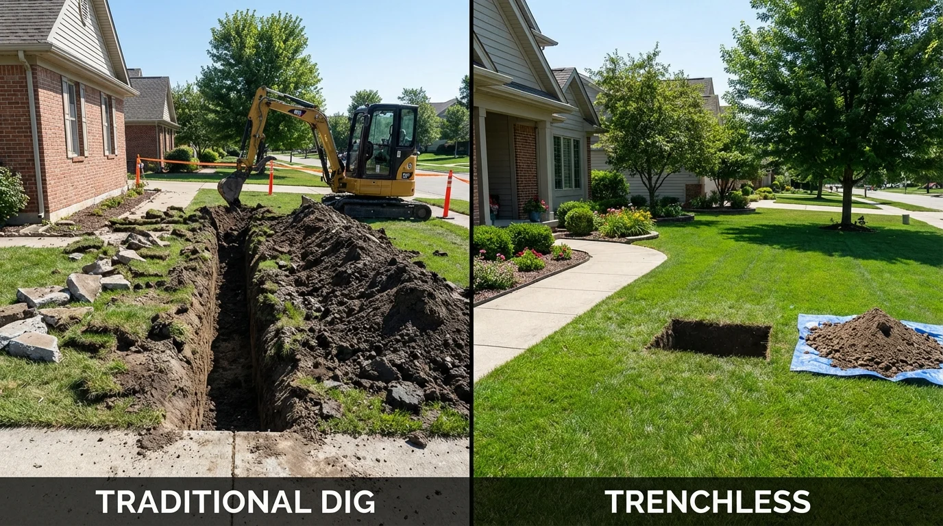 Trenchless sewer repair with minimal yard damage versus traditional excavation in Botkins, OH
