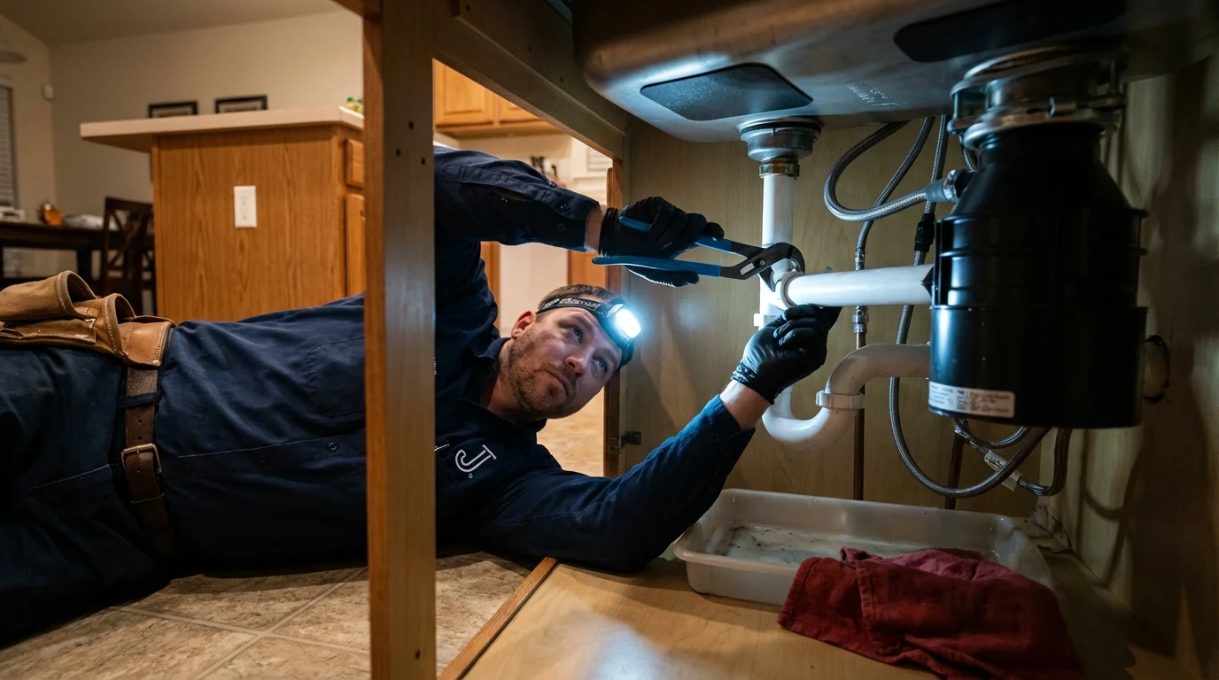 P-trap and supply line connections under a kitchen sink showing a common leak point in Botkins, OH
